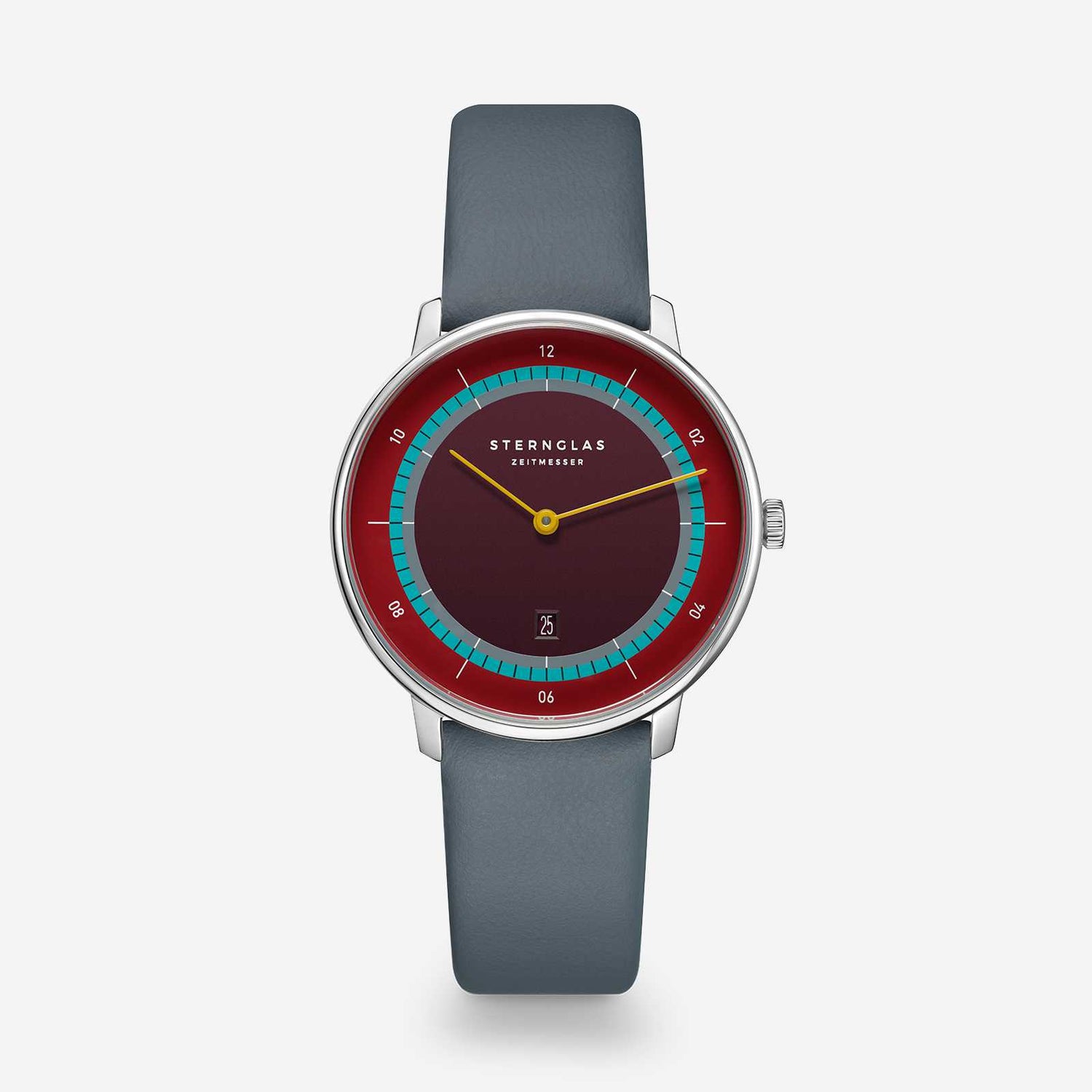 popup|Subtle colourfulness|The dial with elegant satin finish is colour-coordinated with the fine leather strap. A decorative highlight for your wrist without being too overloaded.