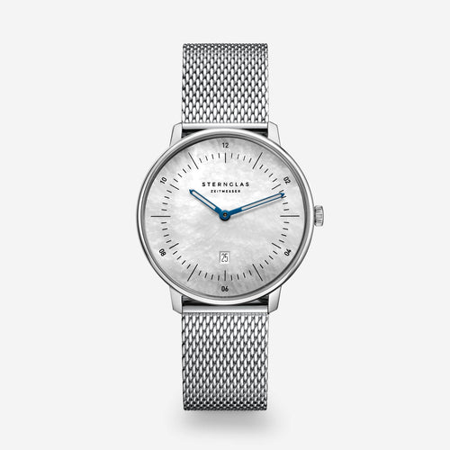 popup|Genuine mother-of-pearl dial|Inspired by the Bauhaus movement of the 1920s, the dial is minimalist and clear. "Form follows function".