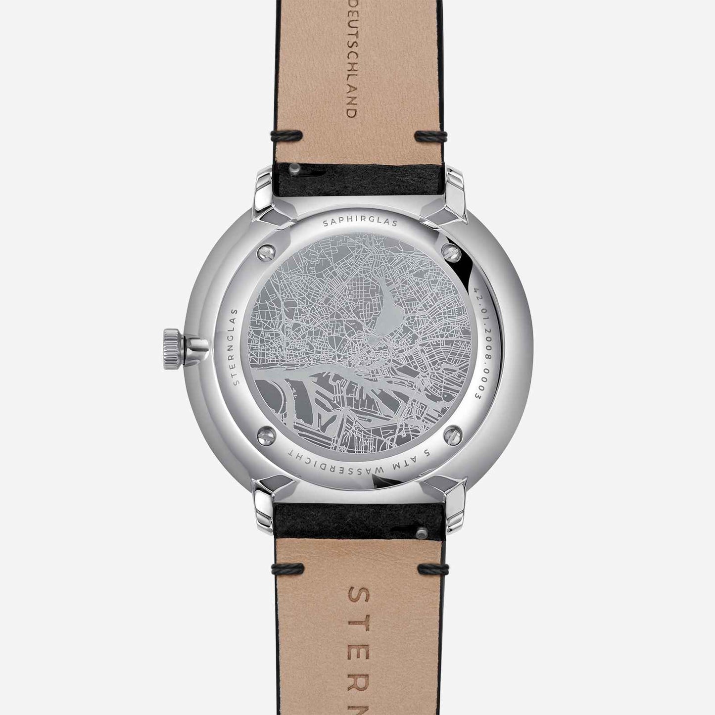 popup|High-quality back engraving|The case back is decorated with a haptically perceptible engraving of Hamburg's city centre.