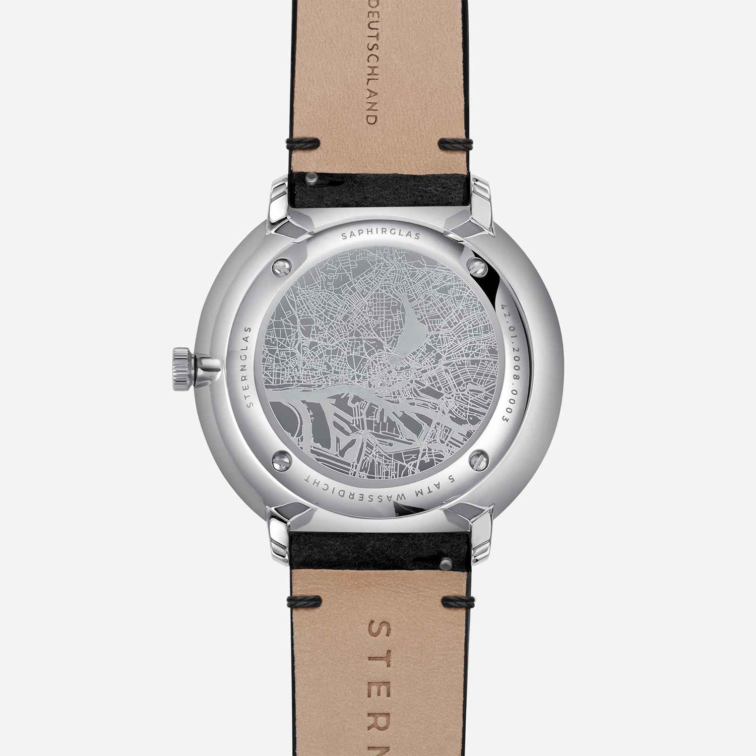 popup|High-quality back engraving|The case back is decorated with a haptically perceptible engraving of Hamburg's city centre.